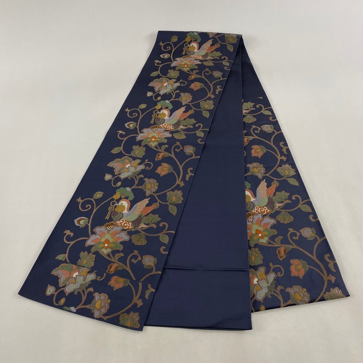 正絹　袋帯　『唐草青海華文』　【鳥　花紋　花唐草】 袋帯 美品 秀品 本袋帯 花唐草 鳥 金糸 唐織 青灰色 六通 正絹 【中古