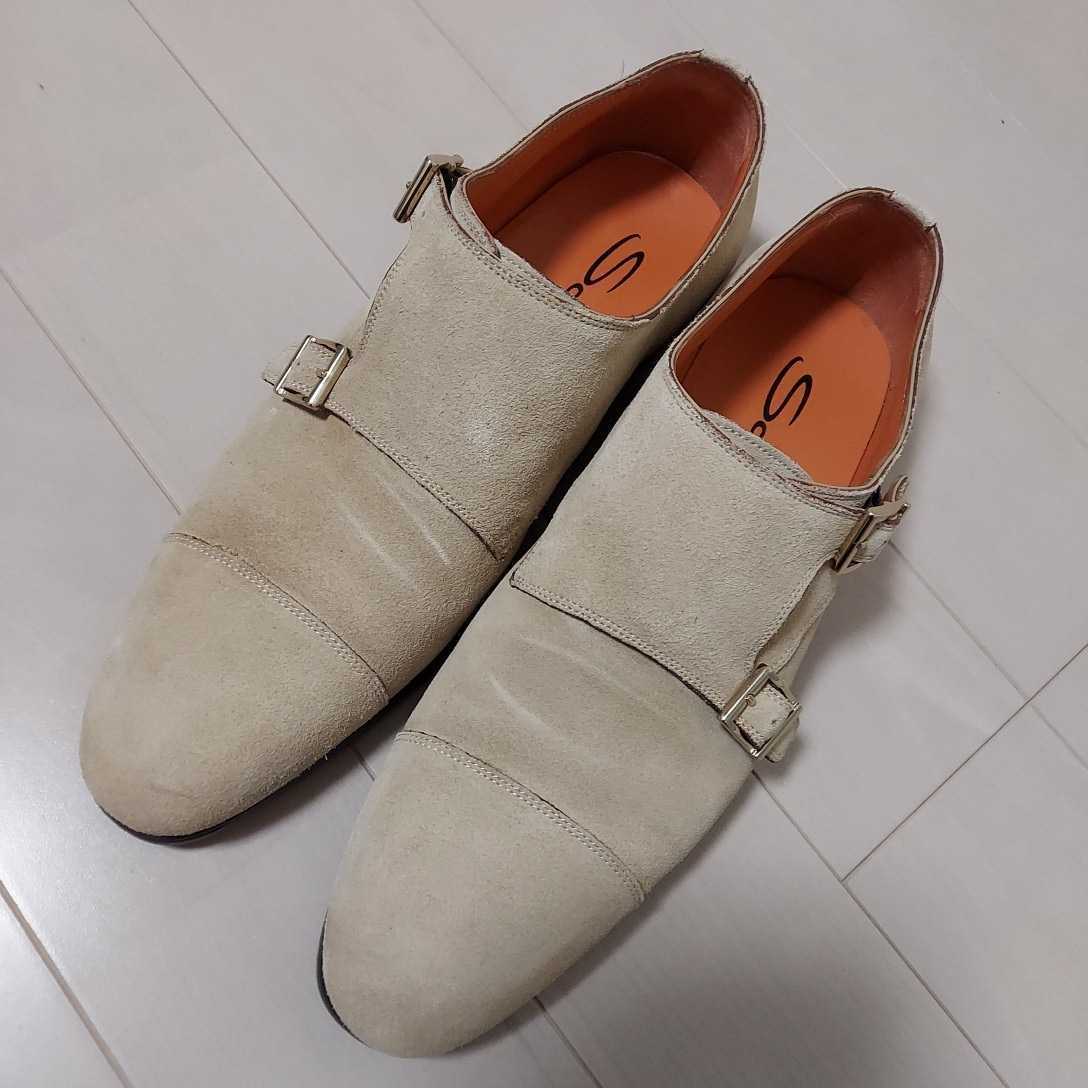 サントーニ　スエード　シューズ　靴 26 本革　ベージュ　ダブルモンクストラップ