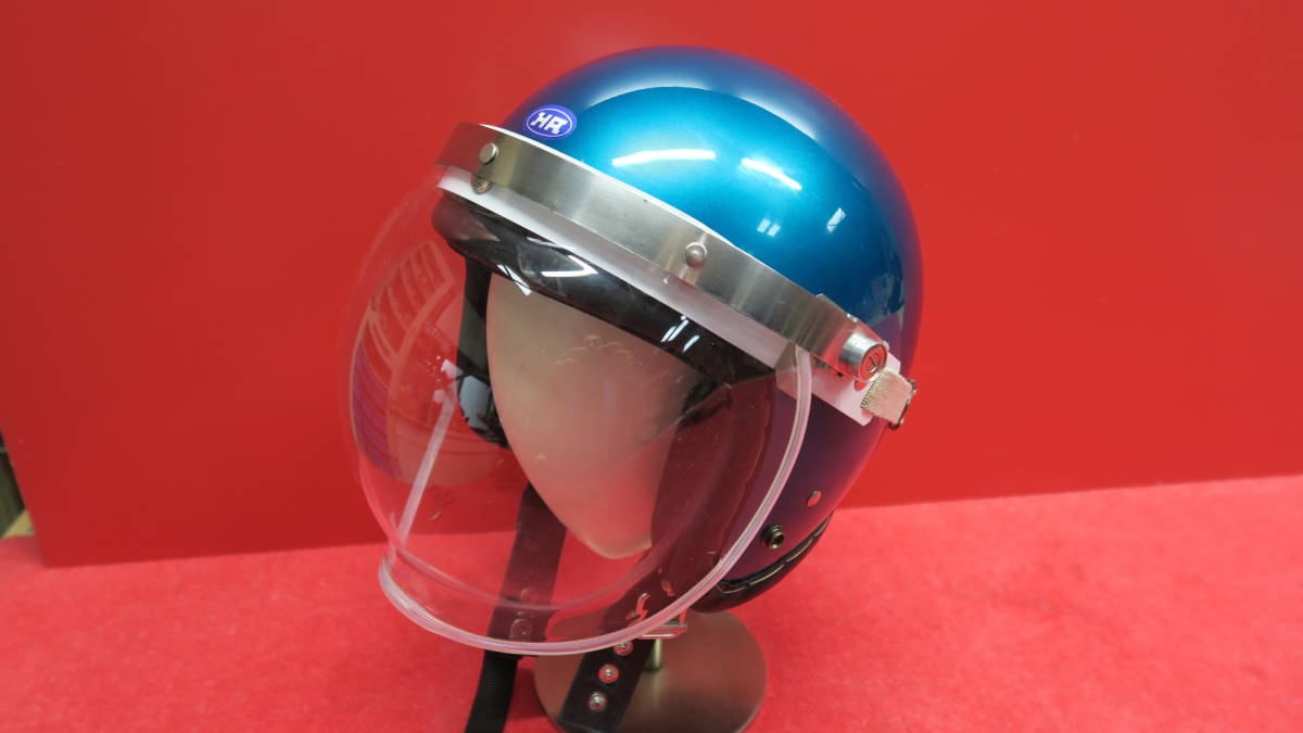 本革巻き手縫いジェットヘルメット キャンディーブルーグリーン色　Lサイズ　当時物新井広武ＨAアライヒロタケ風　CB750K0K1K2昭和メソッド