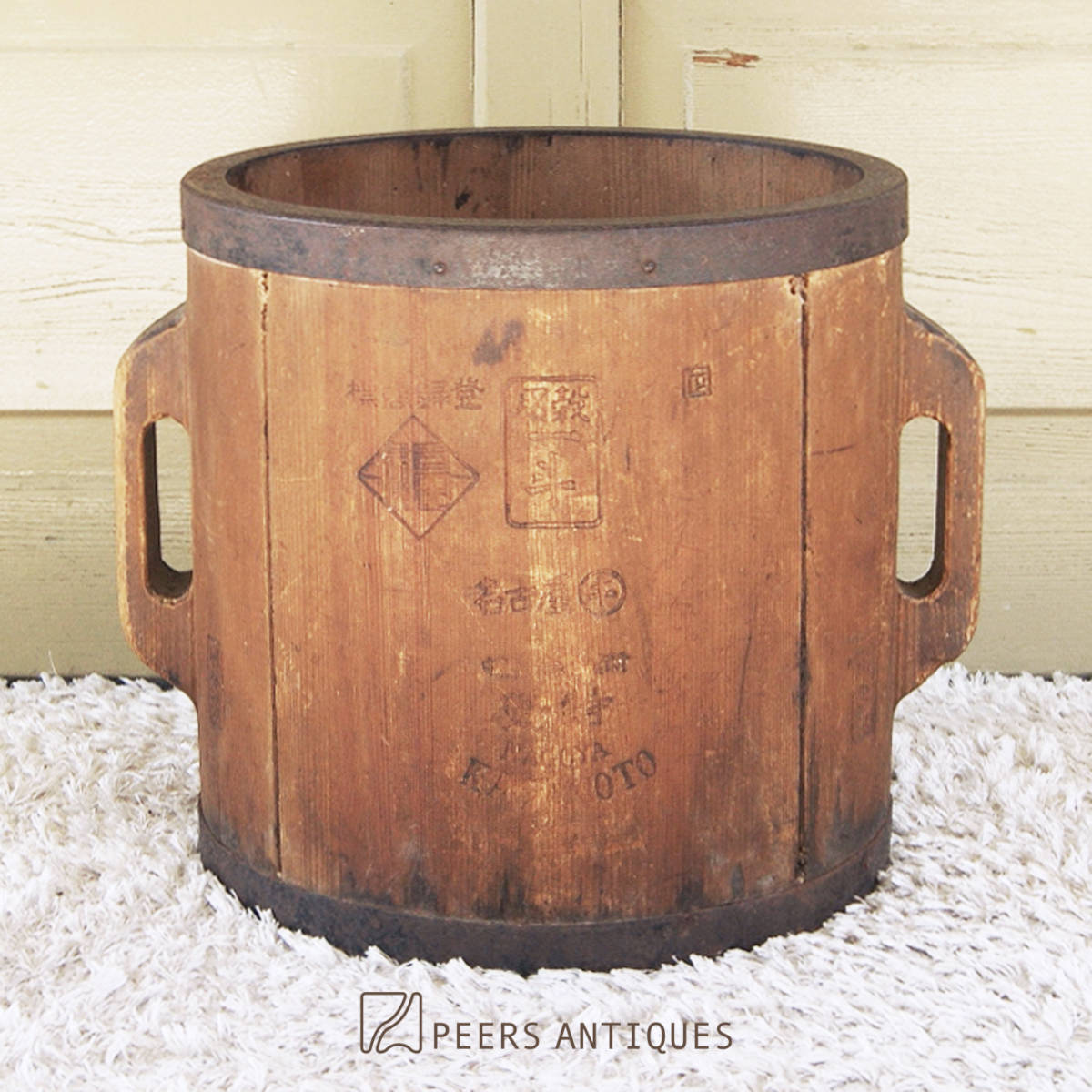 4597na【和のアンティーク 大正元年 穀用一斗 樽 桶 名古屋 マルキ 川本製】プランター オブジェ 味噌 醤油 レトロ ヴィンテージ 希少◎
