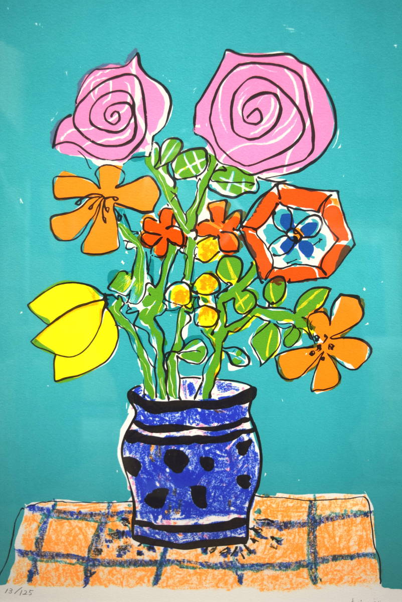 真作保証】ポール・アイズピリ「青緑の背景の花束」リトグラフ版画