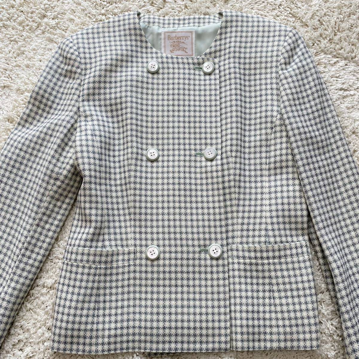 1円【美品 】バーバリー ノーカラージャケット ダブル グリーン 春 L 