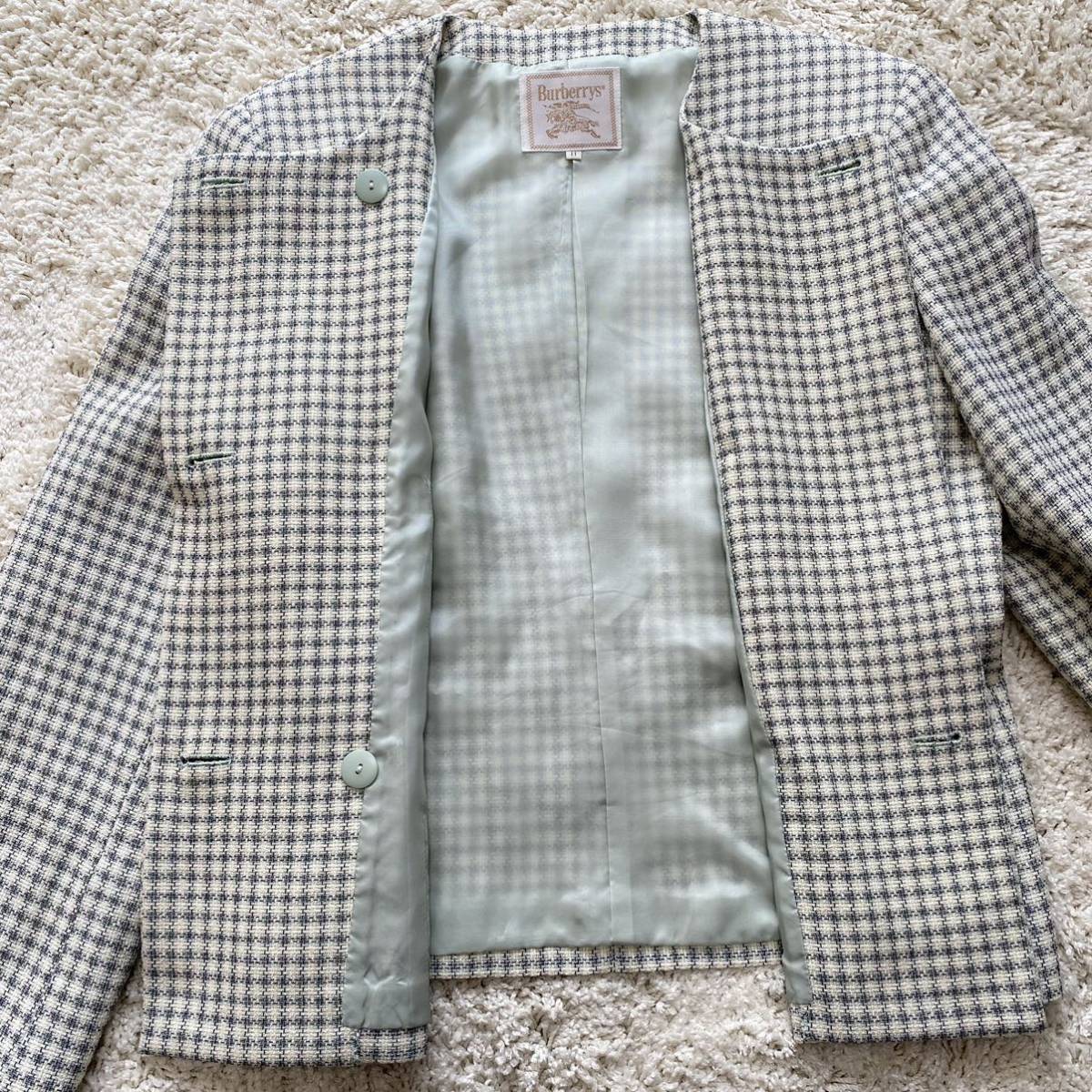 1円【美品 】バーバリー ノーカラージャケット ダブル グリーン 春 L 