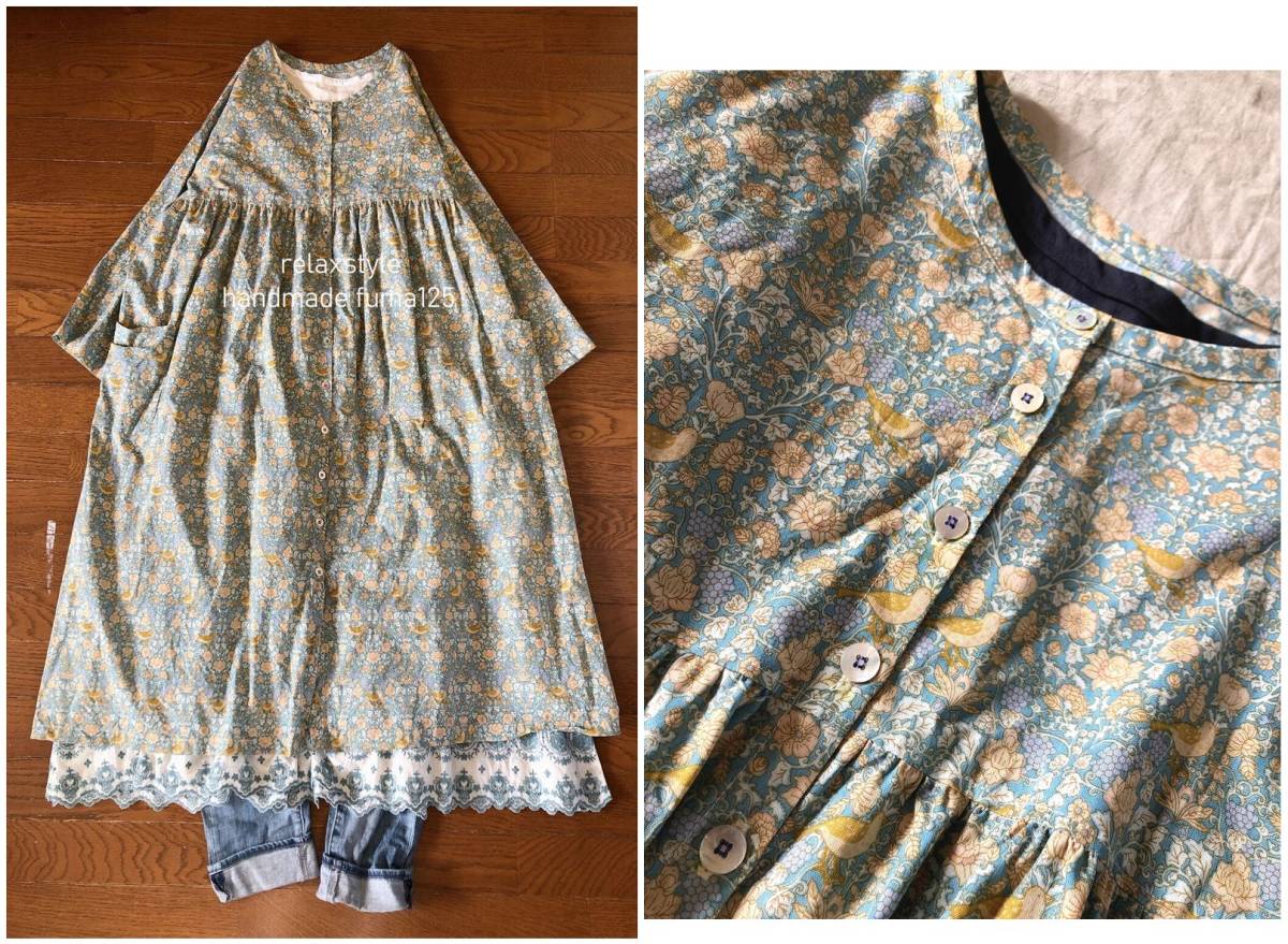 ⑤ハンドメイド：cottonくすみブルー小鳥：フロントボタンOP：羽織り：大人Natural