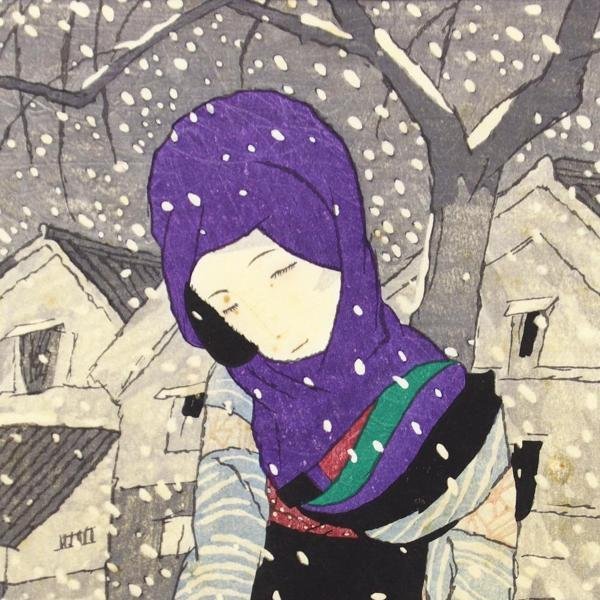 竹久夢二、【雪の夜の伝説】、希少な大判額装用画集より、美品 竹久夢
