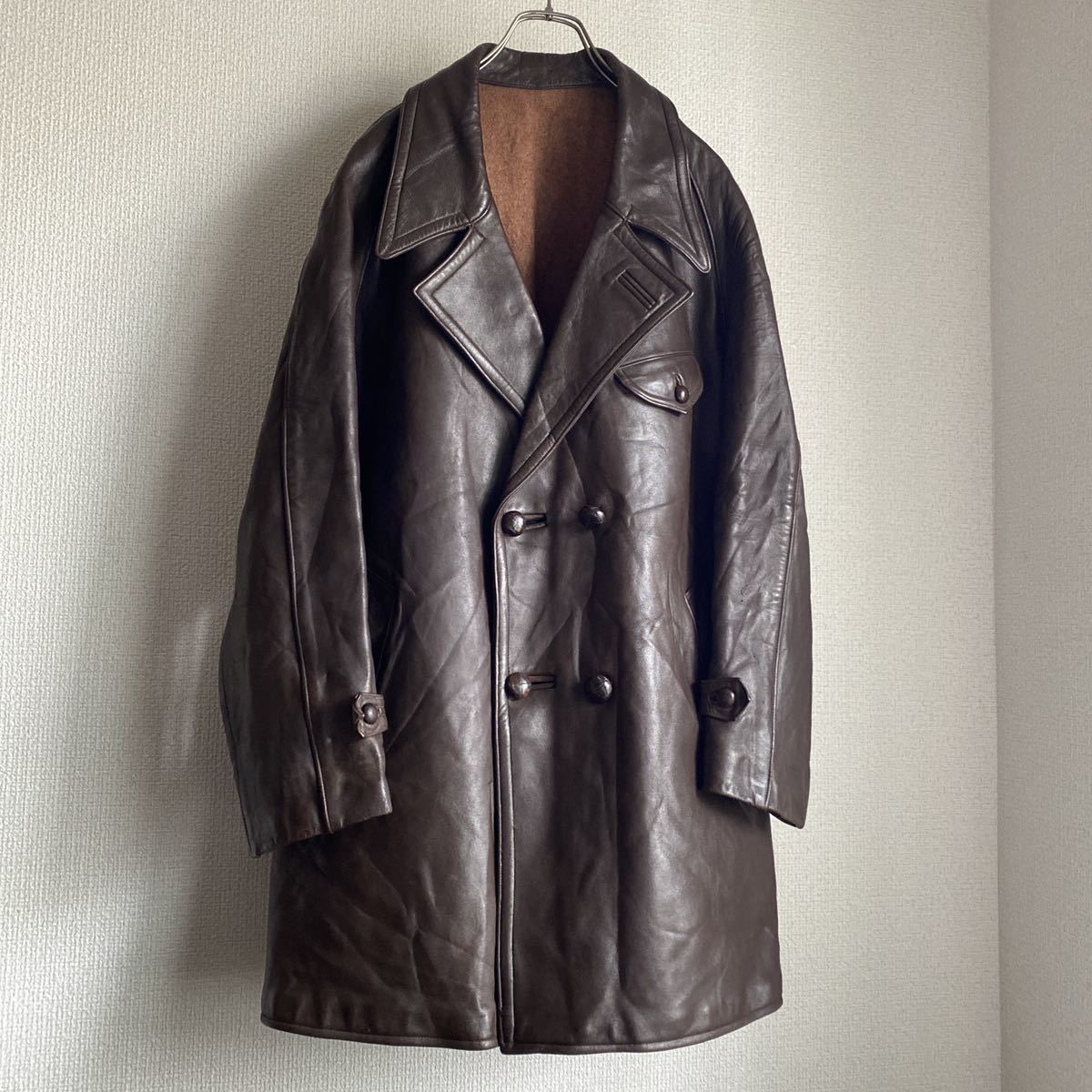 100円スタート 30s40s50s フランス ヴィンテージ レザーダブルブレスト 