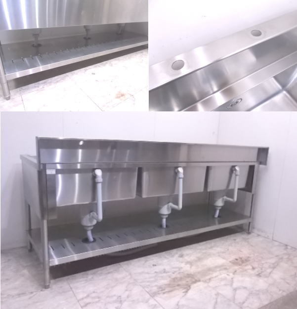 中古厨房 タニコー ステンレス BG付3槽シンク 2100×750×800 業務用3槽 