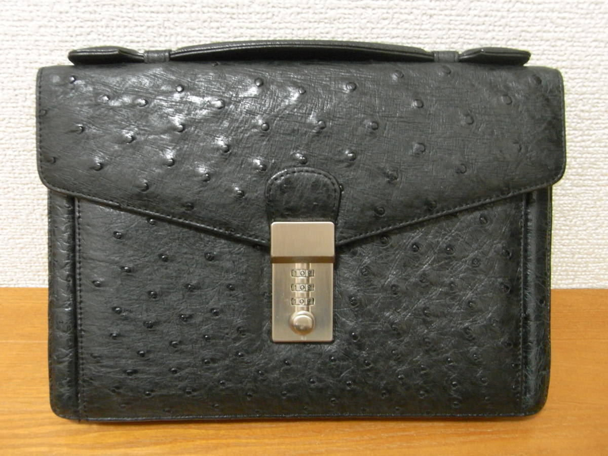 高級 RODANIA ロダニア リアルオーストリッチレザー 駝鳥革 本革 レザー ハンドバッグ セカンドバッグ 手提げ鞄 黒 メンズ 多収納◎