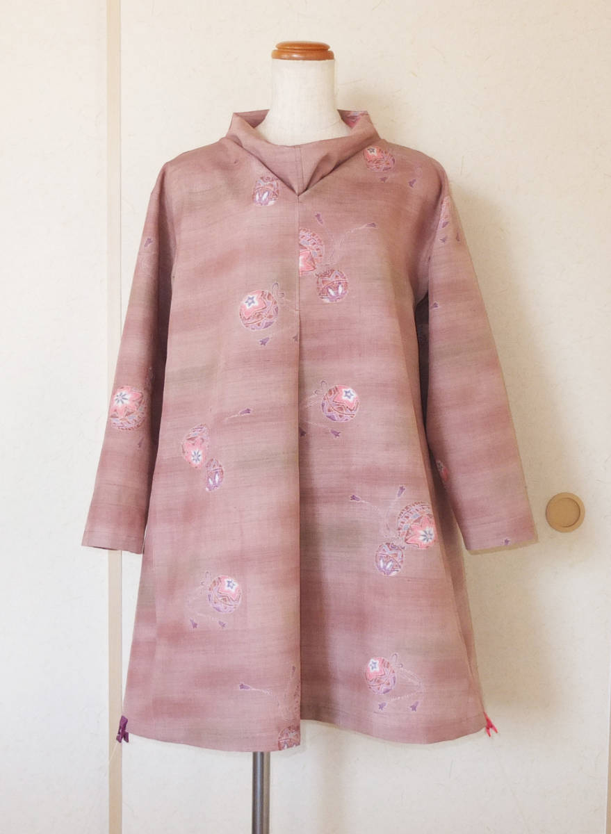 着物リメイク　★手織り紬　Aラインチュニック（１１号サイズ）★　手作り