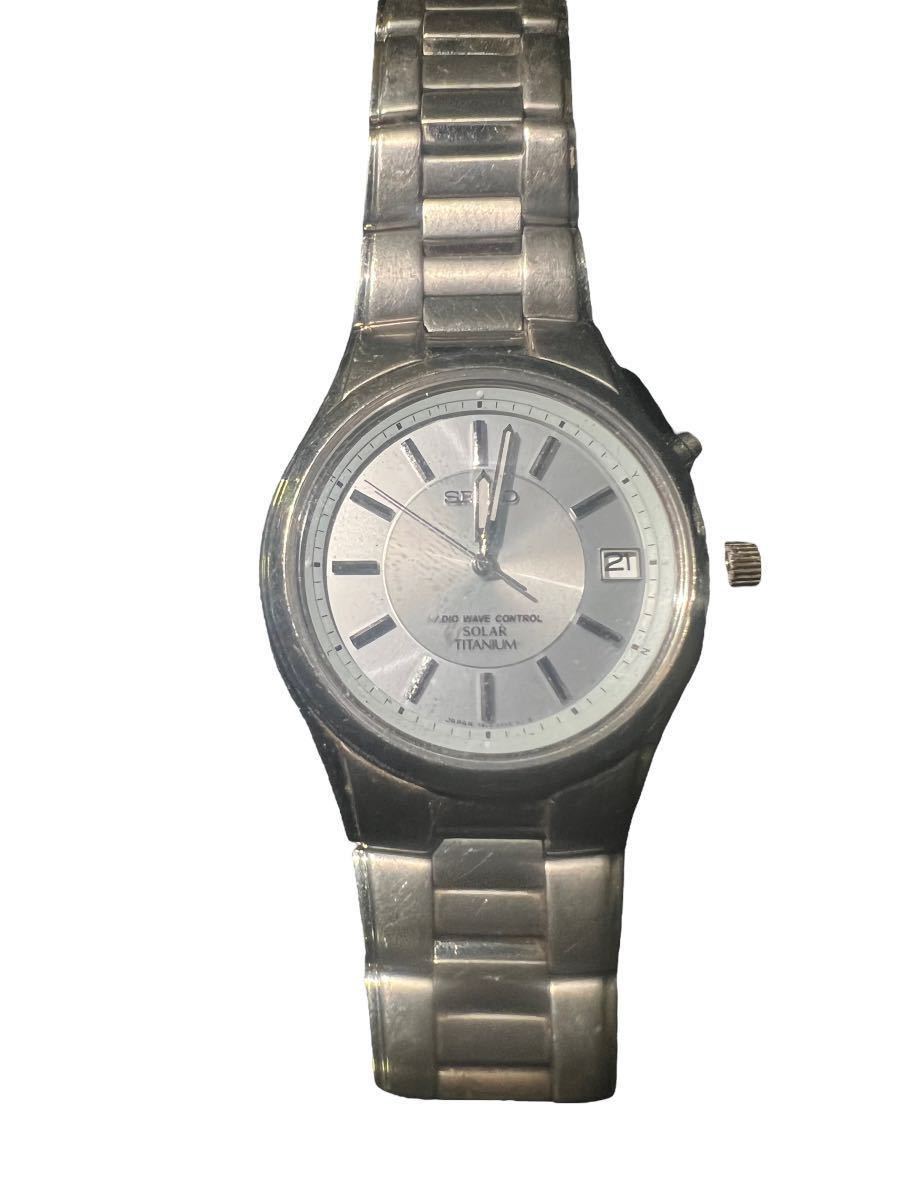 Y-626【SEIKO 7B22-0AD0/電波ソーラー/チタン/デイト/シルバー/メンズ