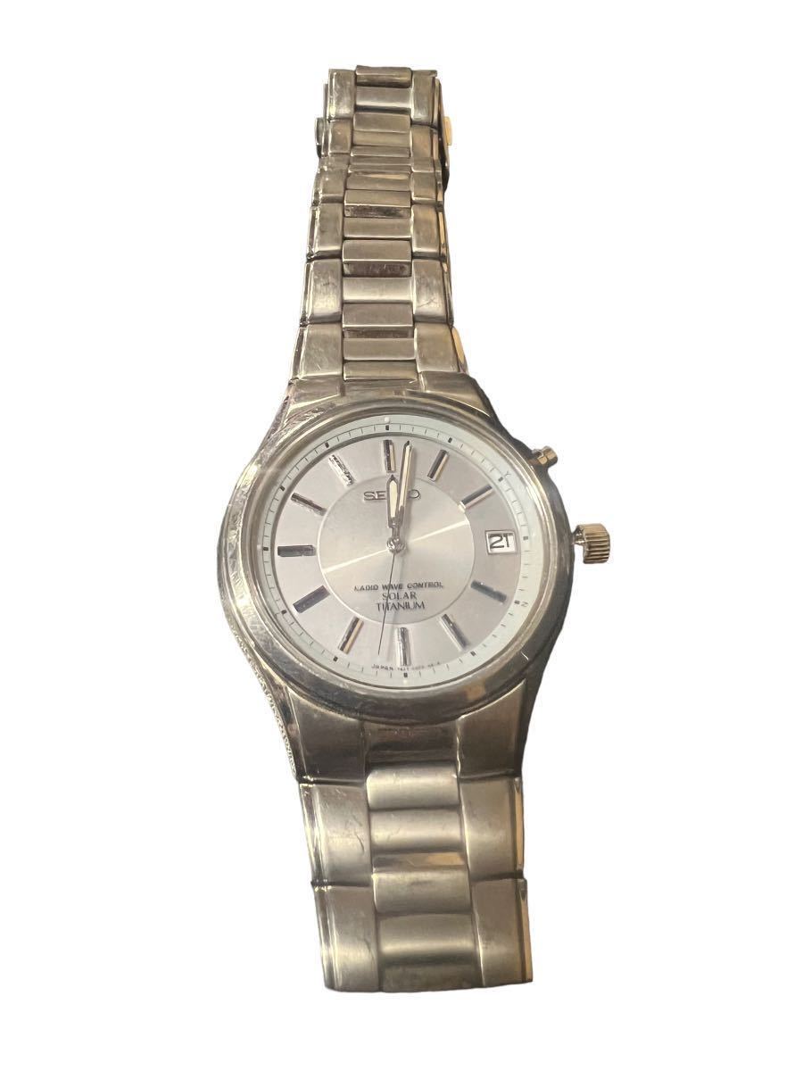 Y-626【SEIKO 7B22-0AD0/電波ソーラー/チタン/デイト/シルバー/メンズ