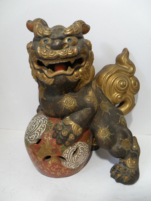 33 九谷焼 獅子 置物 / 玉乗り獅子 玉獅子 唐獅子 中国古玩 骨董 陶磁器 