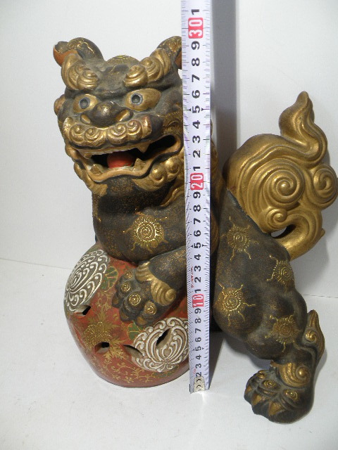 33 九谷焼 獅子 置物 / 玉乗り獅子 玉獅子 唐獅子 中国古玩 骨董