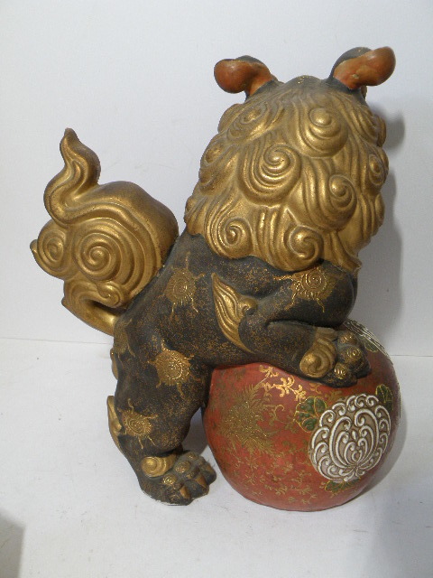 33 九谷焼 獅子 置物 / 玉乗り獅子 玉獅子 唐獅子 中国古玩 骨董