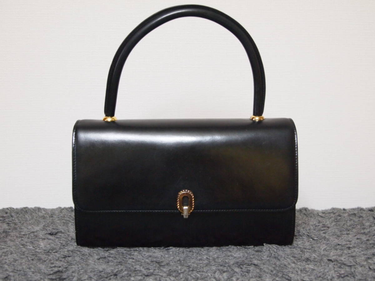 美品　銀座和光 WAKO 高級 カーフレーザー 総革 ハンドバッグ ブラック 黒 定10万（ 和光 フォーマル 式典