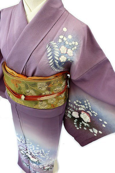 送料無料】訪問着 袋帯 帯揚げ 帯締め4点セット 辻が花 紫色 絞り