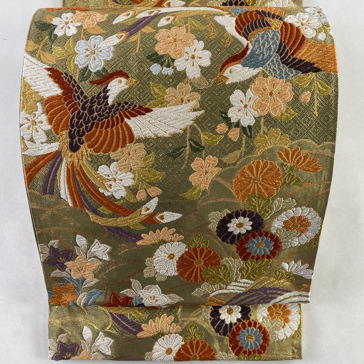 袋帯 美品 秀品 鳳凰 桜 唐織 箔 金色 六通 正絹 【中古】