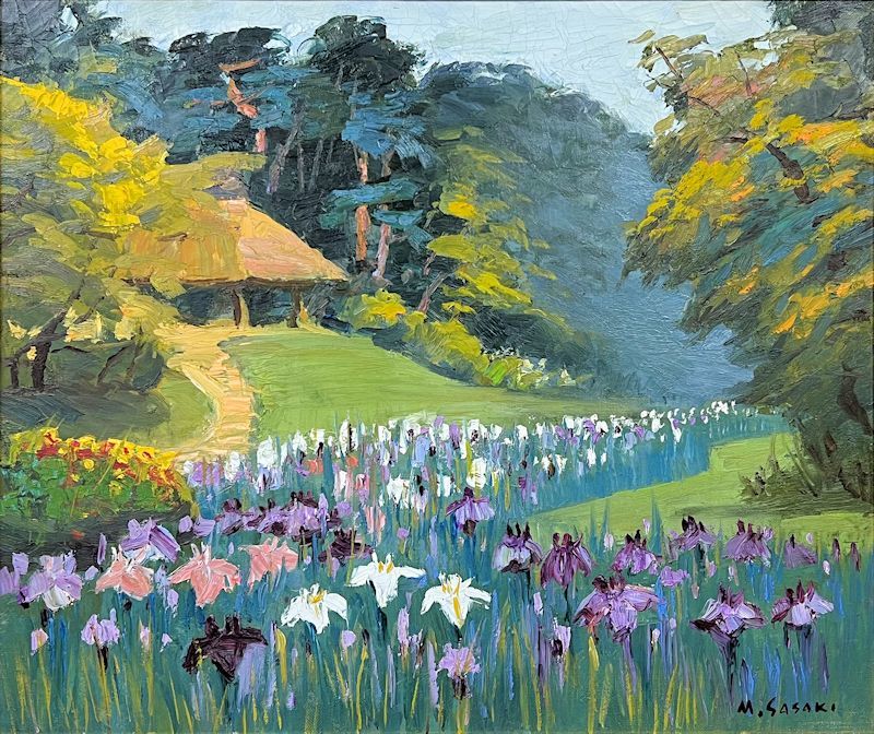 FCP】 真作保証 佐々木真夫 油彩画8号 「花菖蒲」 示現委員 日本山林