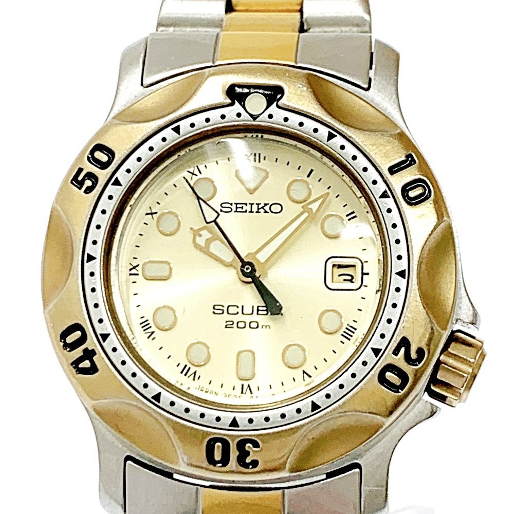 1円スタート】SEIKO セイコー 3E25-0A10 スキューバ200M SS ゴールド 