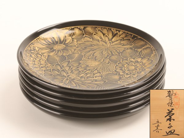 流】能登輪島塗 総菊沈金木皿 菓子皿五客 共箱 TK317 輪島塗 共