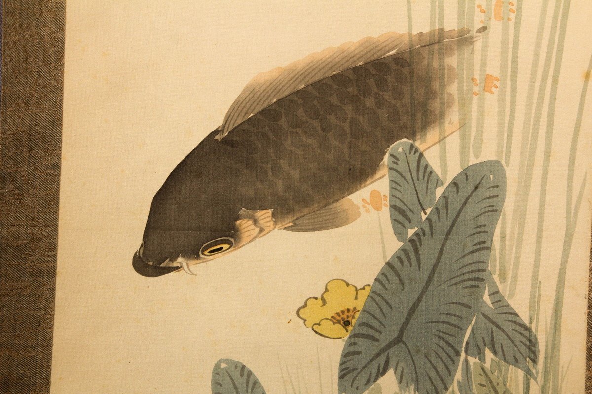 佳香】安田素風 『鯉図』 肉筆 絹本 日本画 掛軸 双幅 共箱 本物