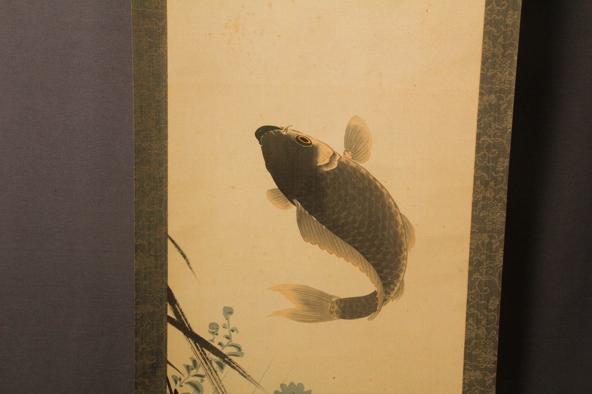 佳香】安田素風 『鯉図』 肉筆 絹本 日本画 掛軸 双幅 共箱 本物