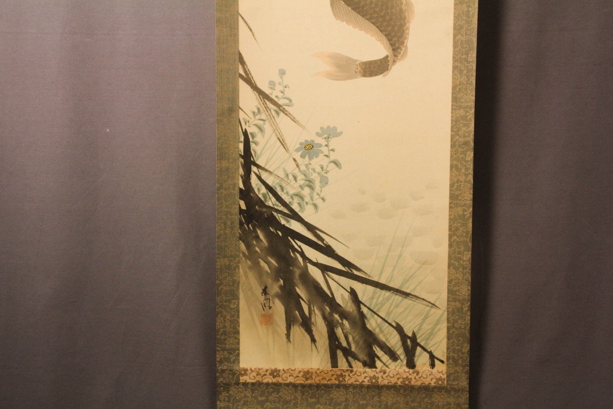 佳香】安田素風 『鯉図』 肉筆 絹本 日本画 掛軸 双幅 共箱 本物