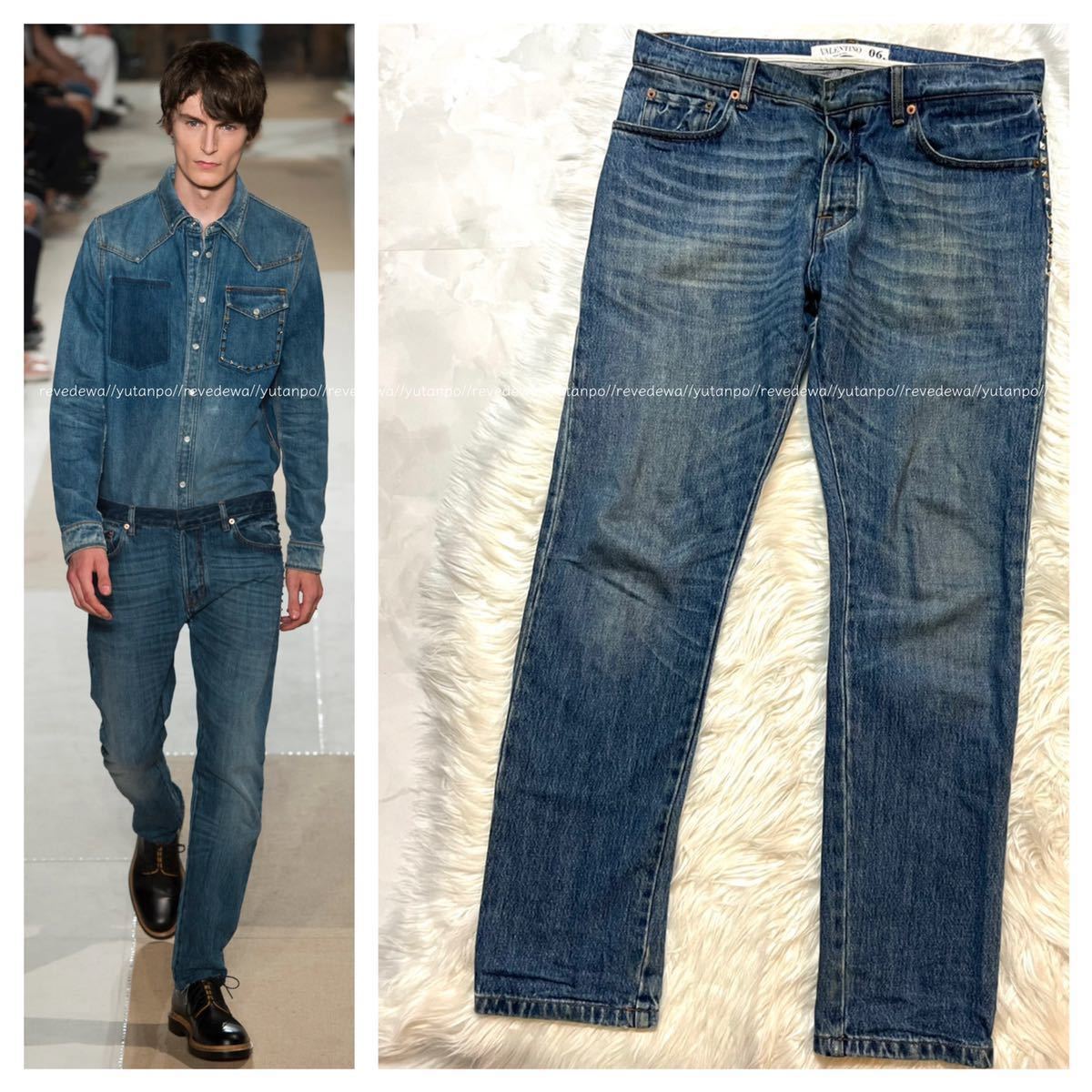 本物 美品 ランウェイモデル ヴァレンティノ スタッズ付き デニムパンツ ジーンズ 31 青 VALENTINO バレンチノ