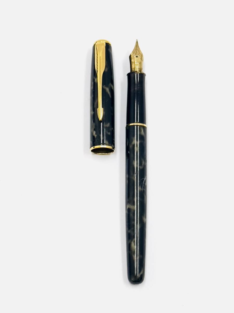 文具〉PARKERパーカー 万年筆 ペン先18K 750刻印有り マーブル 黒系 