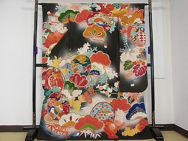 平和屋着物■アンティーク　大正ロマン　振袖　駒刺繍　鏡裏花鳥文　金彩　逸品　rv0882