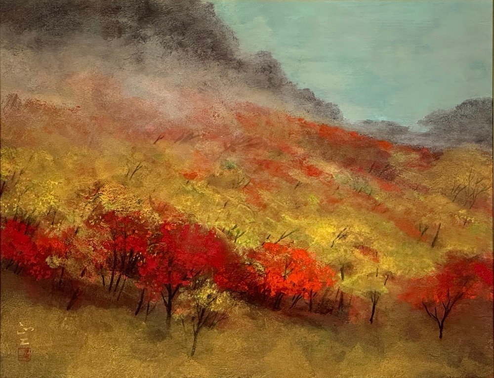 iΦ真作箱崎正秋 山湖 共シール 絵画 日本画 10号 肉筆 美術品