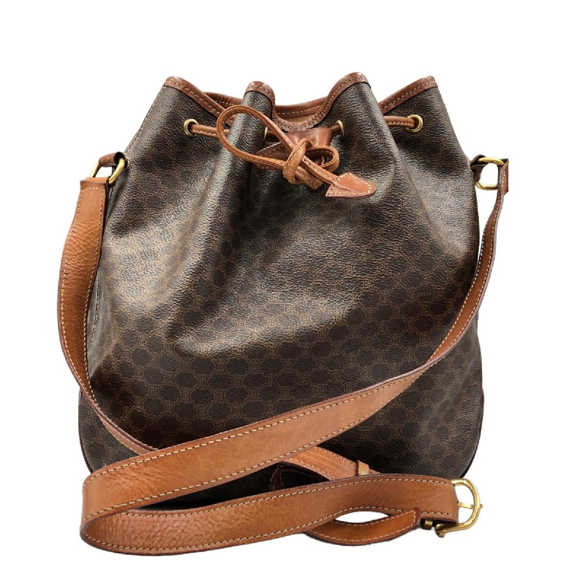 1円 CELINE セリーヌ マカダム柄 巾着ショルダーバッグ ブラウン系