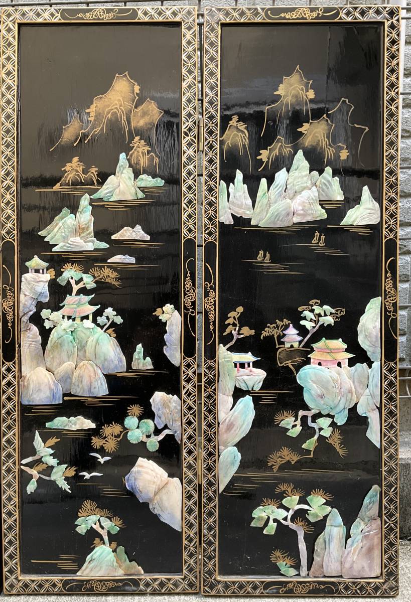 屏風 螺鈿細工屏風 山水花鳥図 古美術 螺鈿細工 青貝 黒塗 本金 衝立 