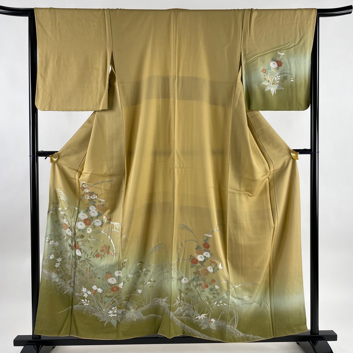 訪問着 美品 秀品 秋草 流水 金銀彩 ぼかし 薄茶色 袷 身丈157.5cm 裄丈65cm M 正絹 【中古】