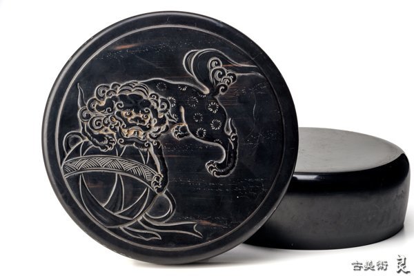 d2672▽良▽黒塗獅子刻文茶櫃 検 漆器蒔絵大名道具江戸時代明治時代