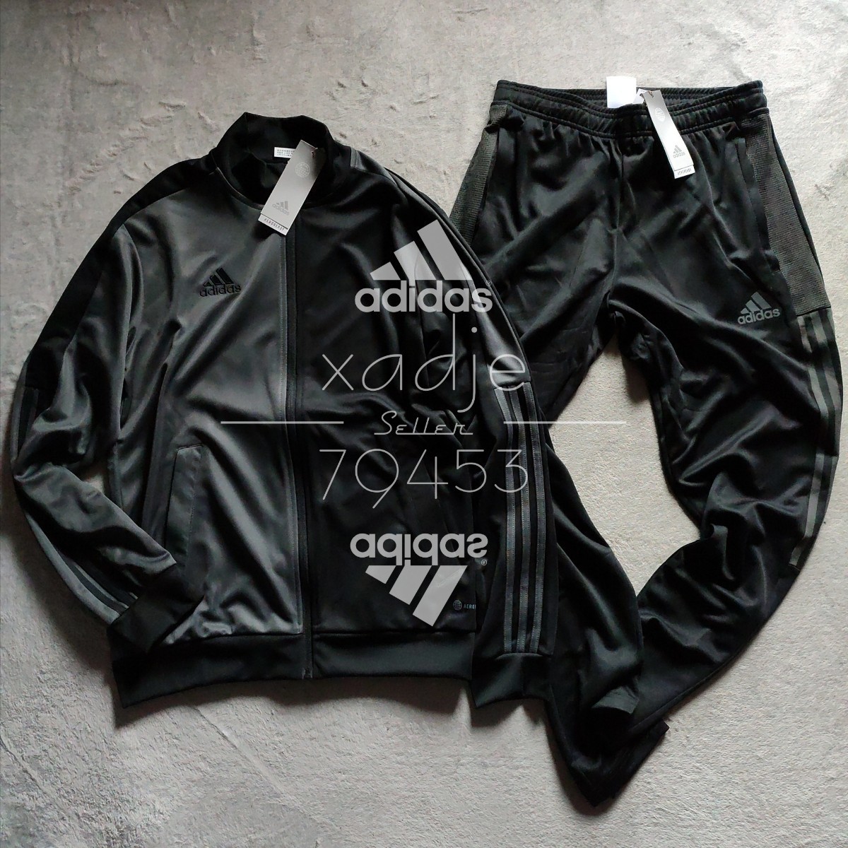 新品 正規品 adidas アディダス 上下セット ジャージ 黒 ブラック グレー クレイジーパターン 三本ライン ロゴ プリント 細見 XL