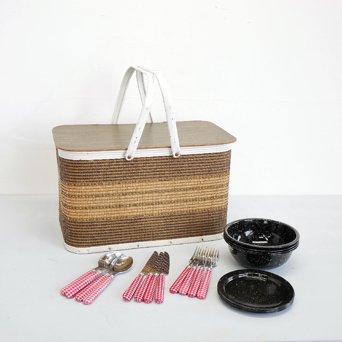 ヴィンテージ Redmon ピクニックバスケット【#5111】アメリカ カゴバック カトラリー付き ディスプレイ小物 店舗什器 キッチン雑貨