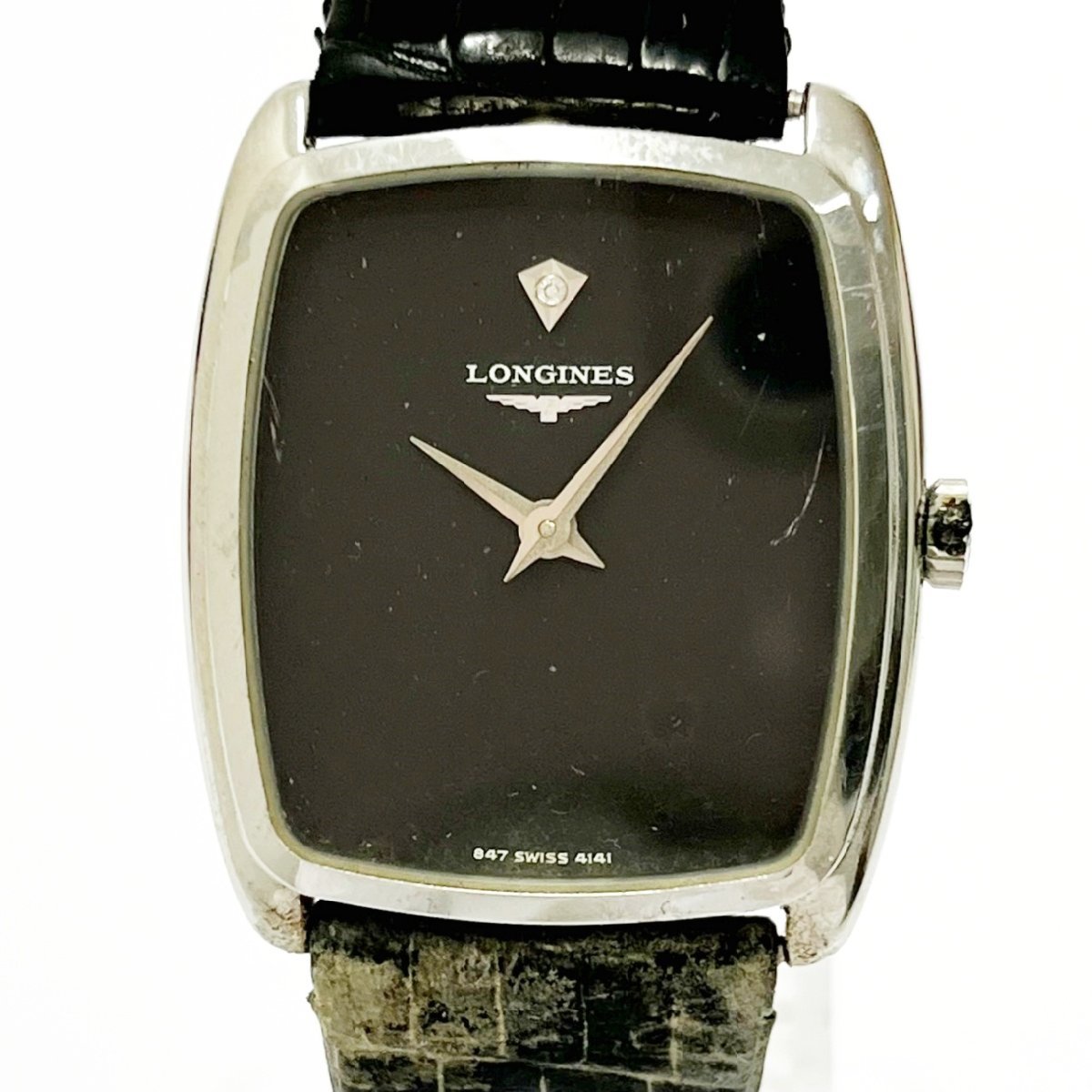【1円スタート】LONGINES ロンジン SS×革ベルト ブラック文字盤 スクエアフェイス 手巻き メンズ腕時計 165701