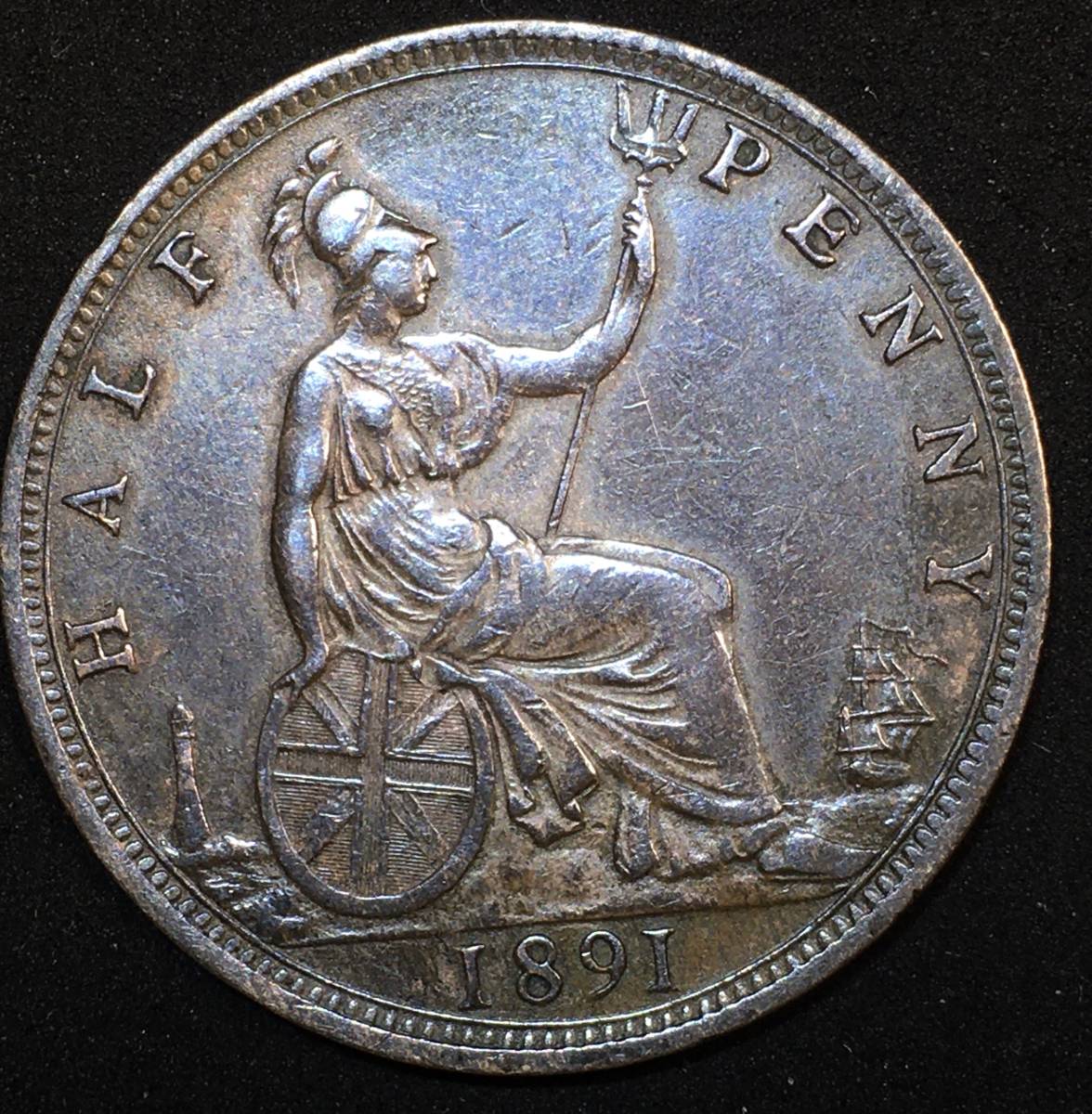 1891年 イギリス ハーフペニー 銅貨 ヴィクトリア女王 バンヘッド 本物 