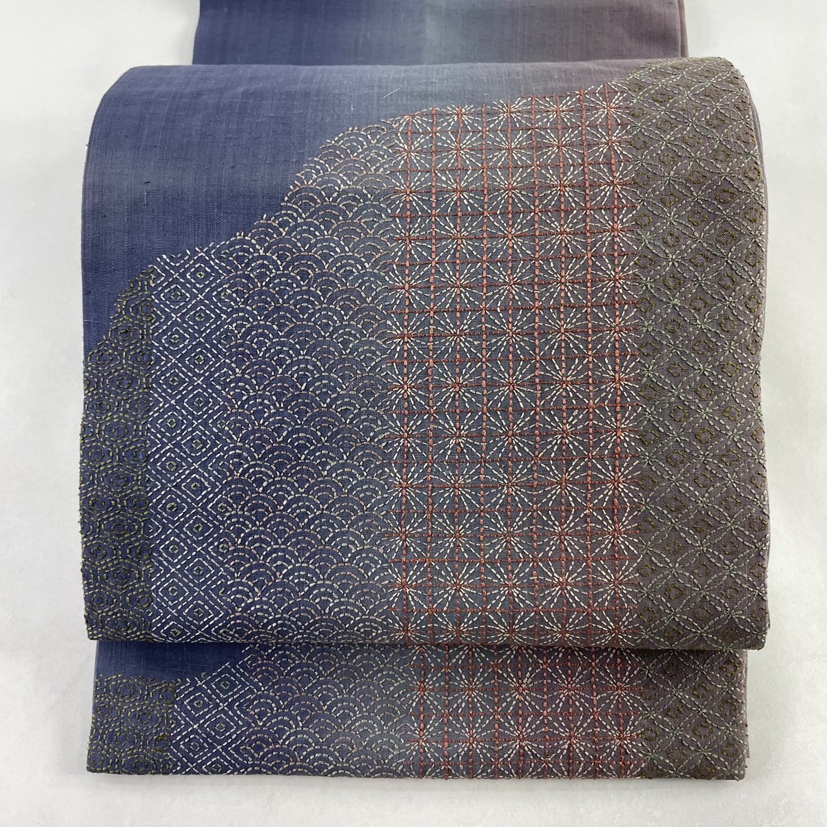 袋帯 有職文様 刺し子刺繍 ヱ霞 金糸 紺色 袋帯 名品 紬地 有職文様 霞