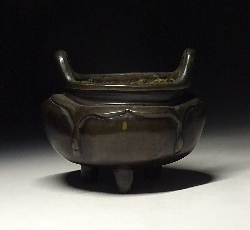 緑屋i■ 中国古玩　古銅 鍍金 点金　双耳 香炉　唐物 時代物　i9/0425-2/30-4#60