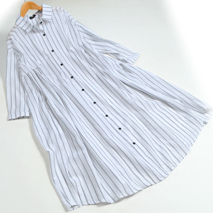 新品☆ホワイト L〜LL 麻混 コットン ストライプ シャツワンピース 長袖 レディース チュニック 大きいサイズ 春夏 40代 50代/11123445
