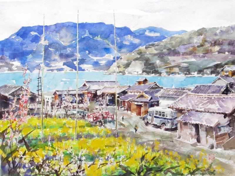 GINZA絵画館】赤石文雄 水彩画10号「映画村・春（小豆島）」二十四の 