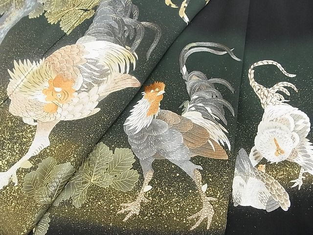 着物屋こころ□豪華黒留袖 総刺繍 鶏 尾長鳥 暈し染め 金彩 着丈156.5 