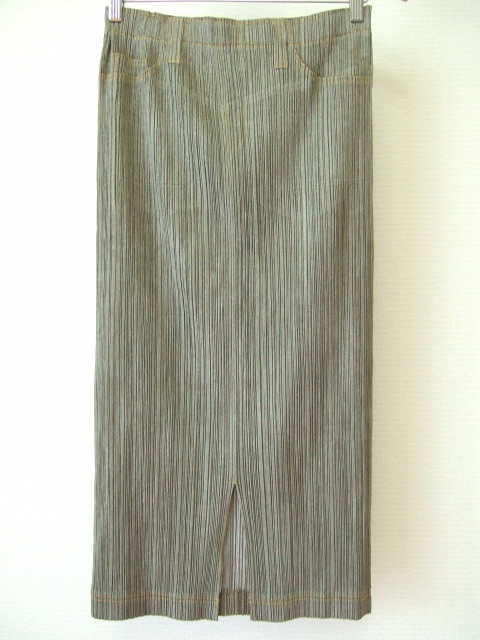 446☆美品 PLEATS PLEASE ISSEY MIYAKE プリーツプリーズ イッセイミヤケ デニム 転写 ロング スカート グレー カーキ 4