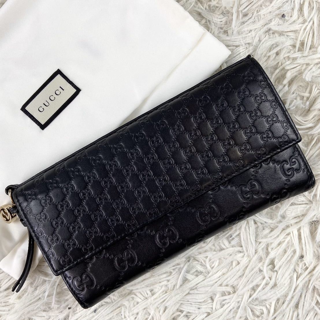 1円~ 未使用級 GUCCI グッチ 長財布 折り財布 ウォレット Wallet シマレザー オールレザー 本革 マイクロGG ホック チャーム ファスナー 黒