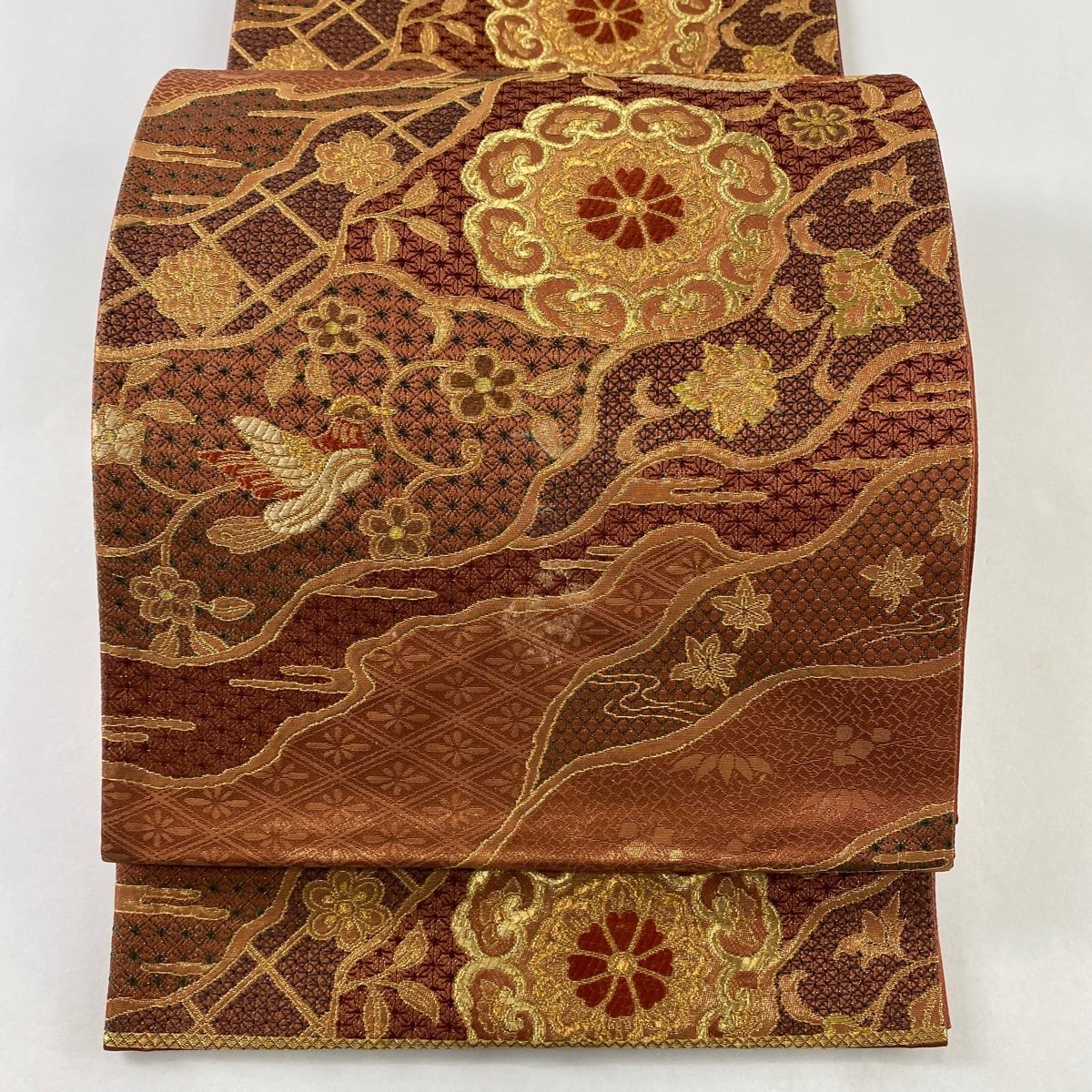 袋帯 美品 逸品 鏡裏文 花鳥 金銀糸 刺繍 赤茶 六通 正絹 【