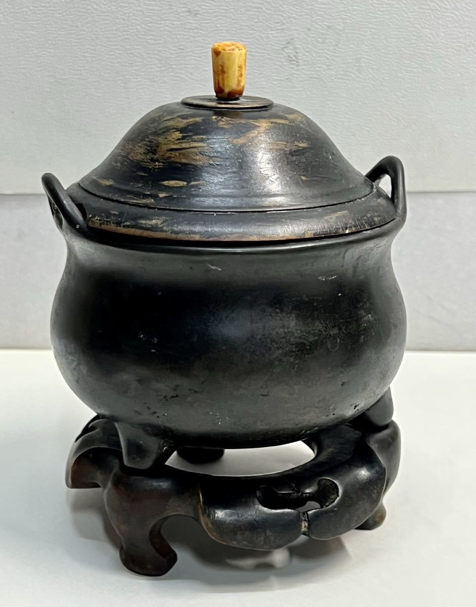 ◆中国 古玩 明代 洪武年製 古銅 三足香炉 木製装飾台座付◆