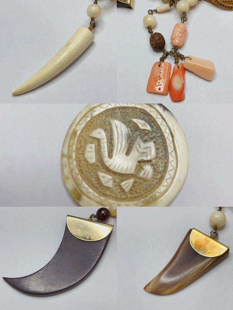 タグ付き アンティーク DELUXE デラックス ネックレス 天然素材 彫刻 珊瑚 天然石 アイボリー 角 瑪瑙 A1689_3