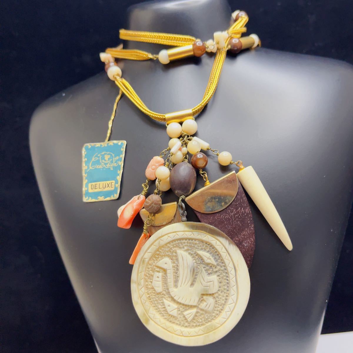 タグ付き アンティーク DELUXE デラックス ネックレス 天然素材 彫刻 珊瑚 天然石 アイボリー 角 瑪瑙 A1689_4